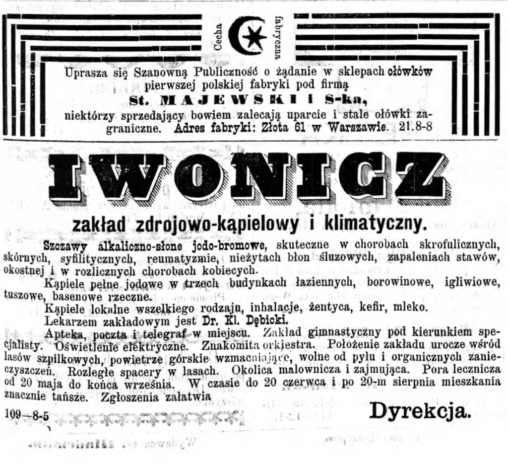 Reklama zakładu zdrojowego Gazeta Kaliska 1893