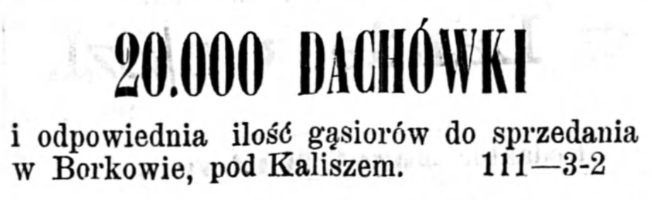 Reklama sprzedaży dachówki Gazeta Kaliska 1893
