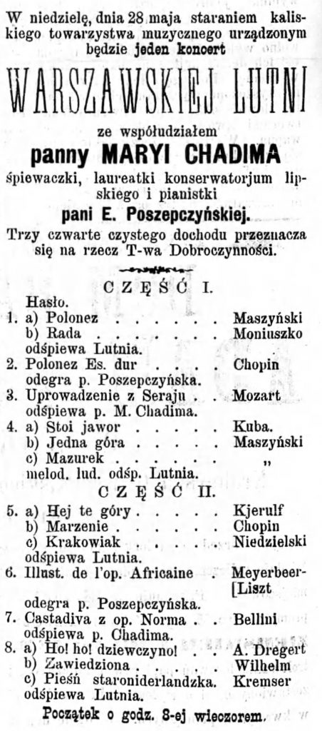 Program koncertu Gazeta Kaliska 1893