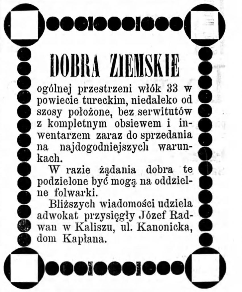 Reklama sprzedaży ziemi Gazeta Kaliska 1893