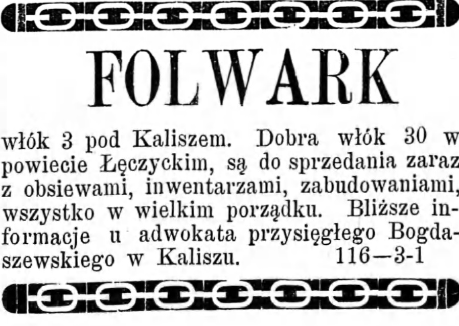 Reklama - sprzedaż Folwarku Gazeta Kaliska 1893