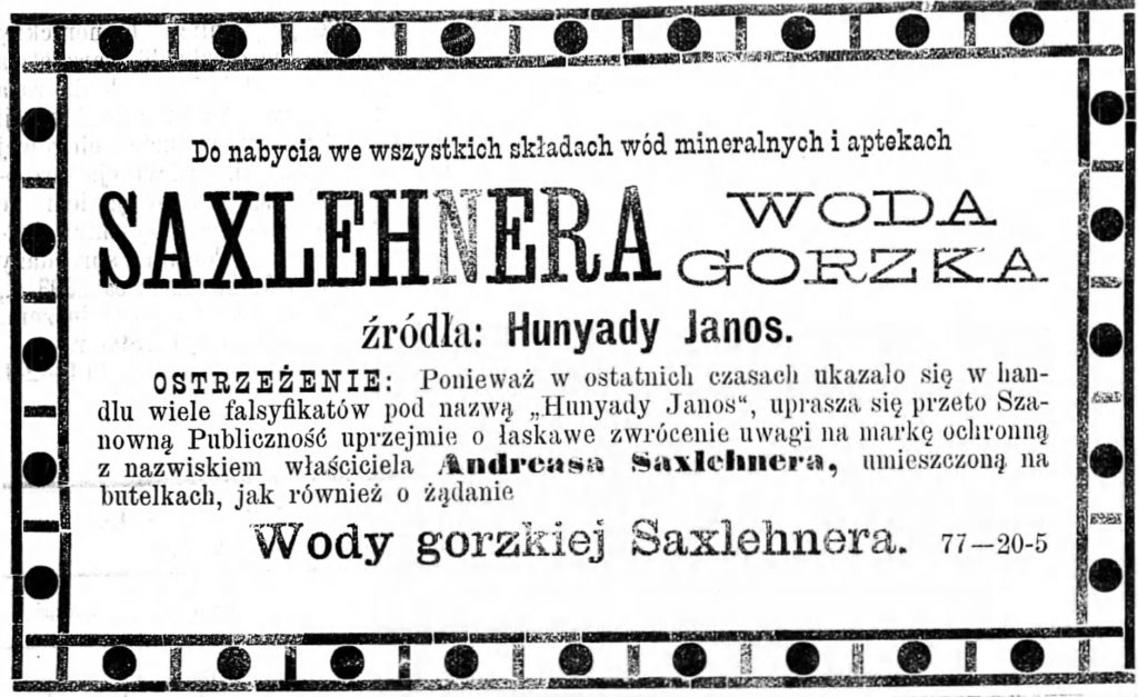 Reklama - sprzedaż wody Gazeta Kaliska 1893