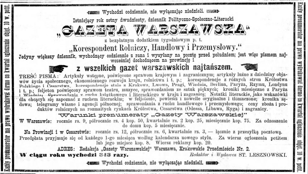 Reklama Gazety Warszawskiej 1893