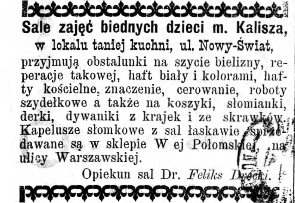 Reklama zajęć dla dzieci Gazeta Kaliska 1893