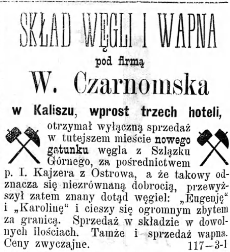 Reklama skład węgla Gazeta Kaliska 1893