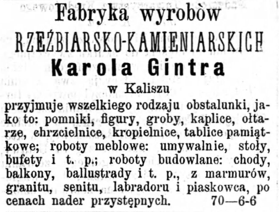 Reklama zakładu kamieniarskiego Gazeta Kaliska 1893