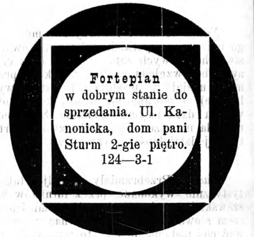Reklama sprzedaży fortepianu Gazeta Kaliska 1893