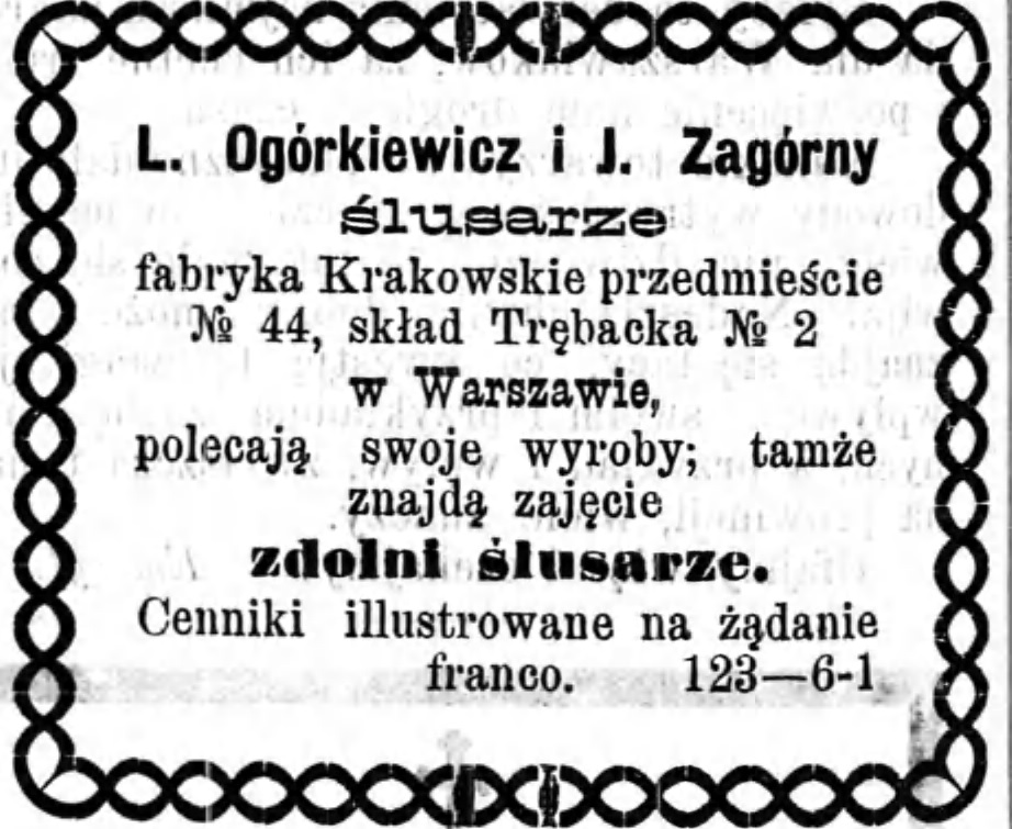 Reklama ślusarzy Gazeta Kaliska 1893