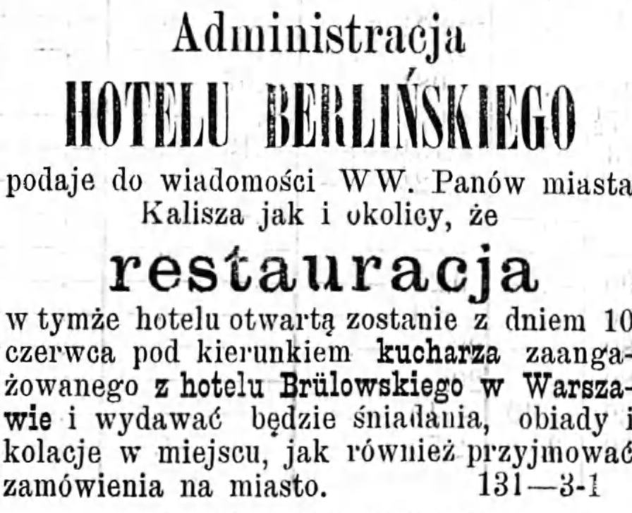 Reklama restauracji Gazeta Kaliska 1893