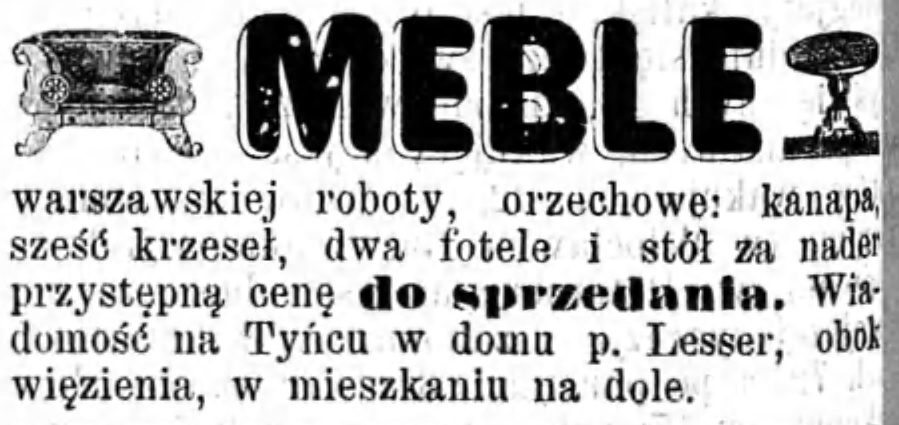Reklama sprzedaży mebli Gazeta Kaliska 1893