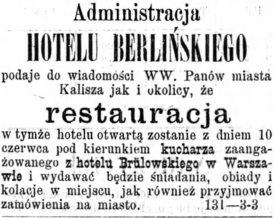 Reklama hotelu Gazeta Kaliska 1893