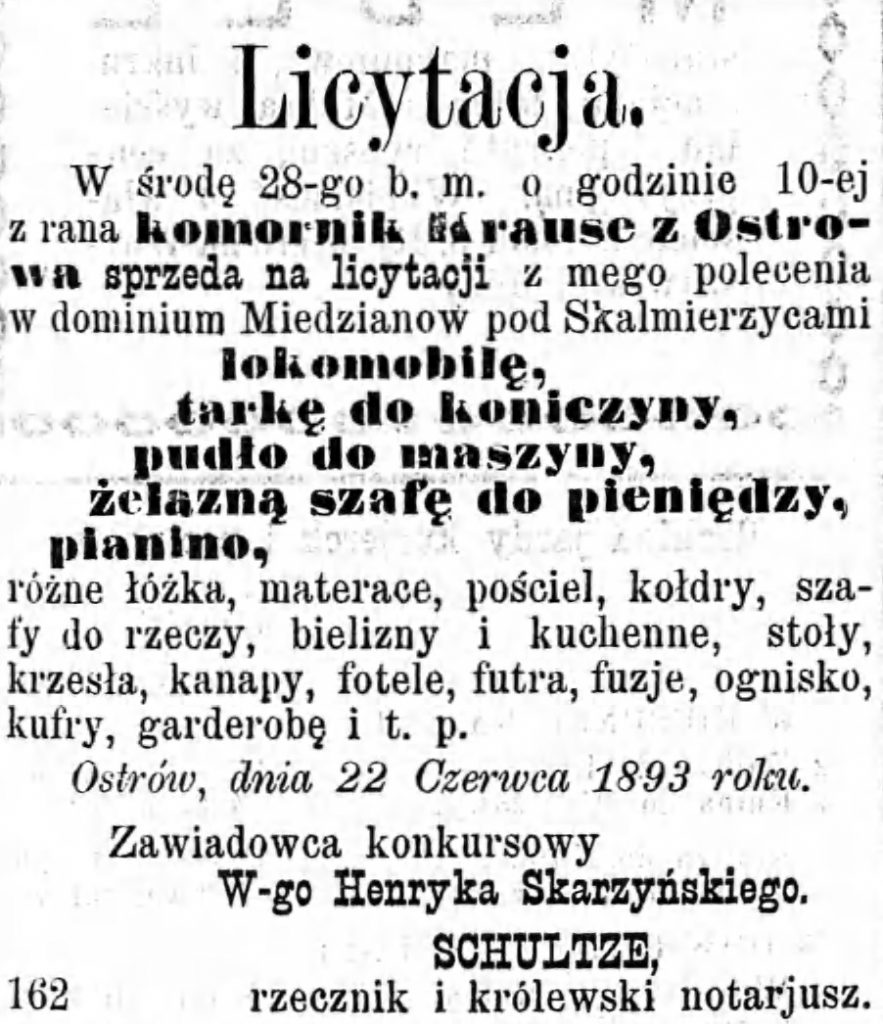 Reklama licytacja Gazeta Kaliska 1893