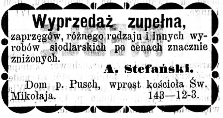 Reklama sprzedaży zaprzęgów Gazeta Kaliska 1893