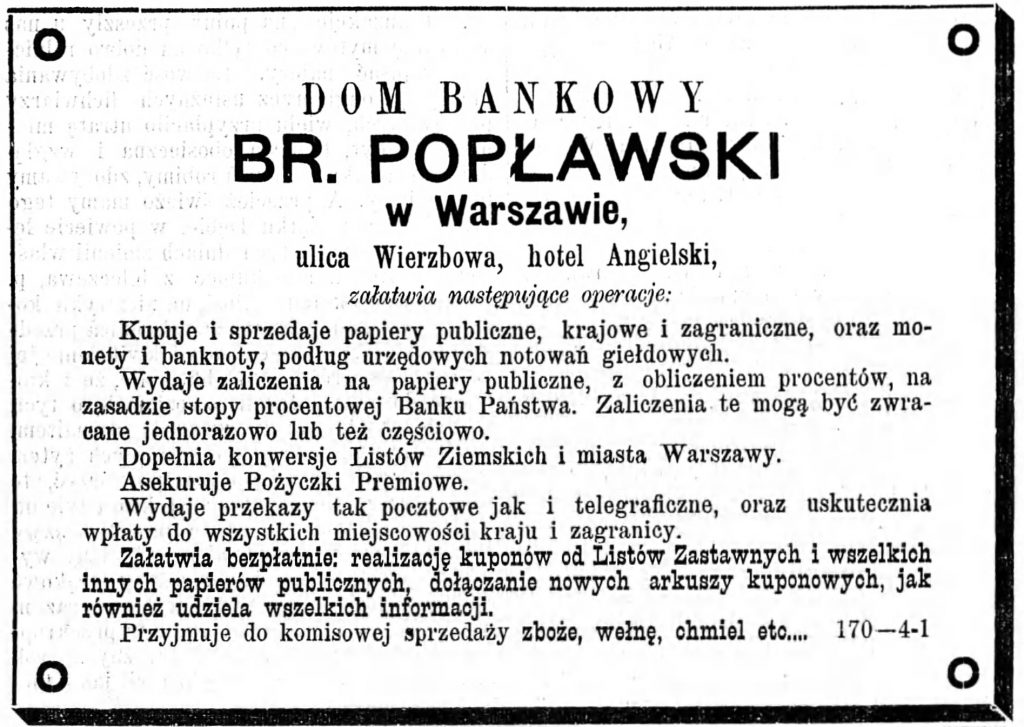 Reklama domu bankowego Gazeta Kaliska 1893