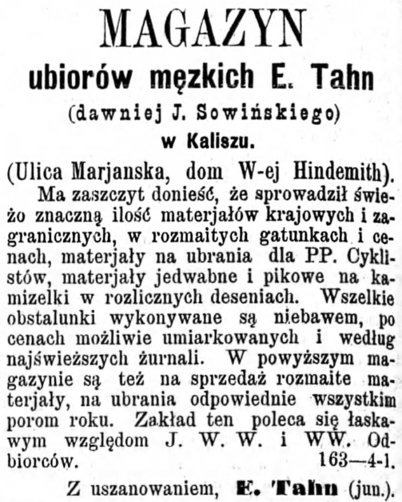 Reklama magazynu Gazeta Kaliska 1893