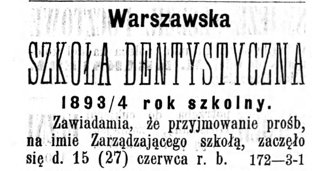 Reklama szkoły dentystycznej Gazeta Kaliska 1893