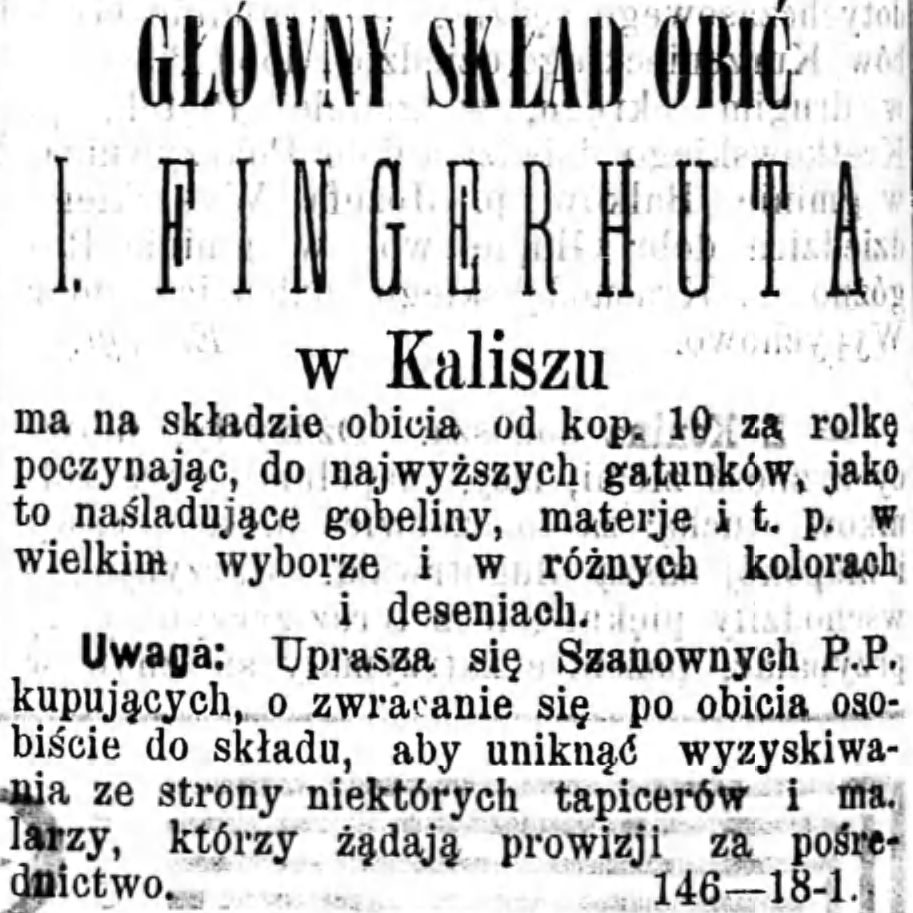 Reklama składu obić Gazeta Kaliska 1893